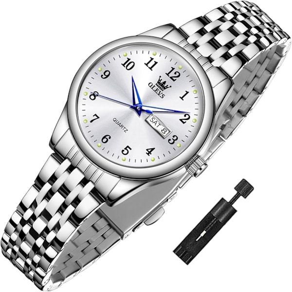 Dam Diamant Kvarts Klocka Kalender Månfas Vattentät Klocka (Silver)