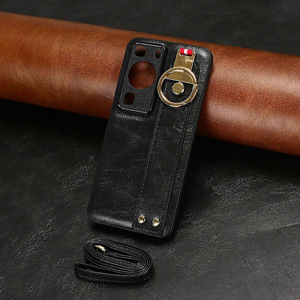 För Huawei P60/P60 Pro Mobilskal Armband Ställ PU Läderbelagd PC+TPU Skal med Halsrem