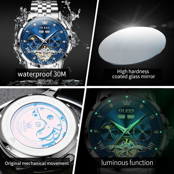 Automatisk herrklocka skelett mekanisk klassisk lyxig affärs diamant rostfritt stål vattentät lysande datum kalender armbandsur för män