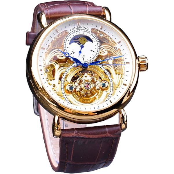 Lyxig herrklocka med månfas & Tourbillon, Retro Skelett Hollow Självuppdragande Mekanisk Armbandsur, Läderrem Automatisk Rörelse Herrklockor