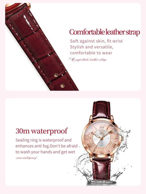 Klassisk læderur til kvinder, vandtætte quartz-ure til kvinder (pink)