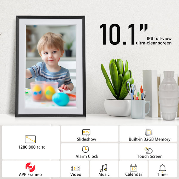 VEANXIN 10,1-tums digital fotoram, 1280x800 IPS LCD-pekskärm, 32 GB inbyggt minne - Svart