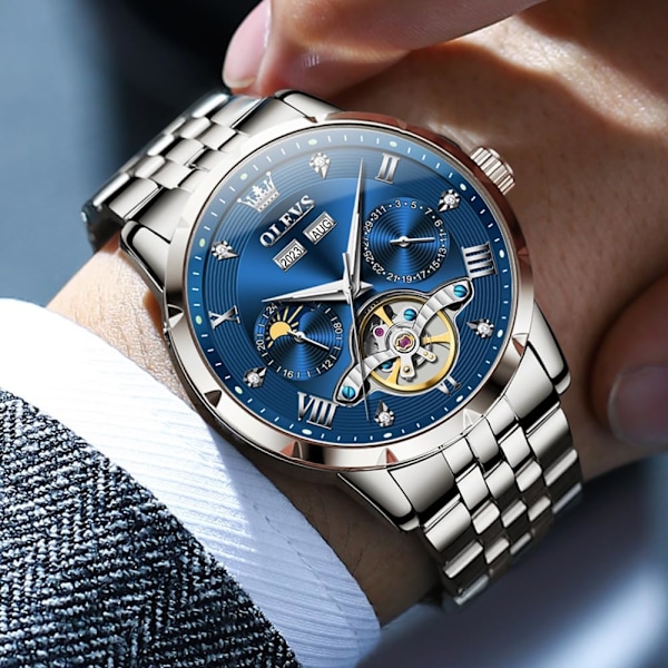 Automatisk herrklocka skelett mekanisk klassisk lyxig affärs diamant rostfritt stål vattentät lysande datum kalender armbandsur för män