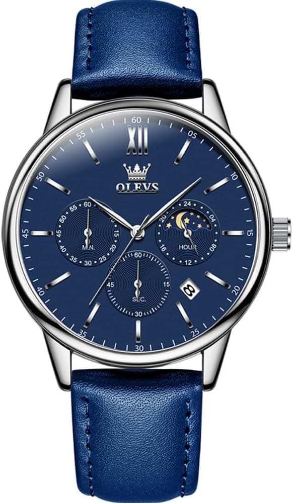Herre Ægte Læder Ur Vandtæt Chronograph Quartz Ur Rustfrit Stål Herreur (Blå)