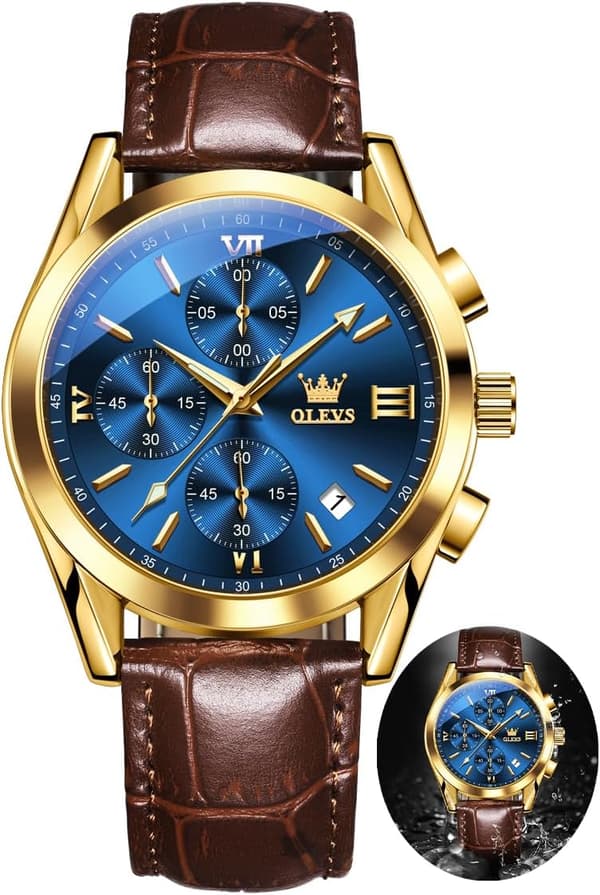 Herre Chronograph Lysende Viser Læderrem Quartz Rustfrit Stål Vandtæt Ur (Blå)