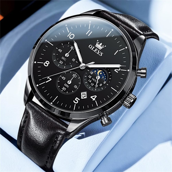 herrklockor svart läder analog kvarts kronograf lyx mode affärer lysande vattentät månfas datum armbandsur
