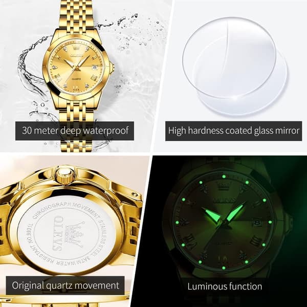 Dameur Guld diamant klassisk elegant armbåndsur rustfrit stål vandtæt dato