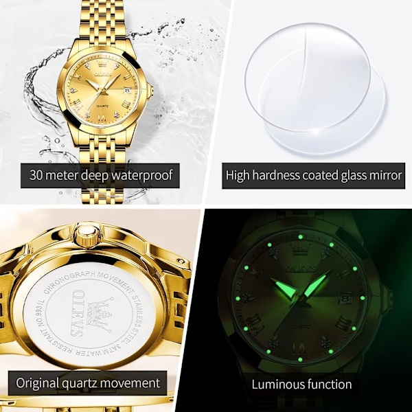 Damklocka Guld diamant klassisk elegant armbandsur rostfritt stål vattentät datum