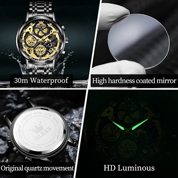Herr Diamant Chronograf Klocka Multifunktion Datum Vattentät Rostfritt Stål Klocka (Svart)