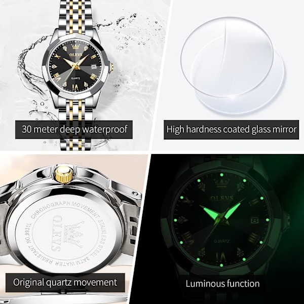 Damklockor silverfärg elegant diamant dam liten armbandsur rostfritt stål tvåfärgad dag analog kvarts damklocka, present