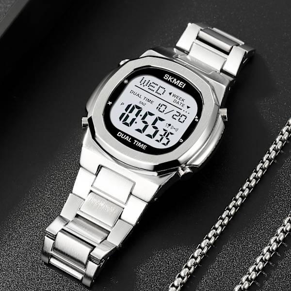 Dual Time LED Digital Klocka för Män Multifunktion Armbandsur Rostfritt Stål Business Vattentät Klocka Datum Alarm