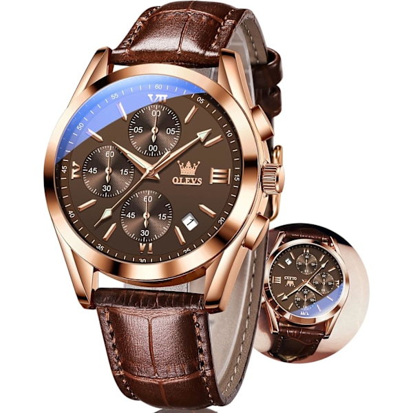 Herrklocka i Läder Stor Urtavla Vattentät Kvarts Chronograph med Datum (Brun)