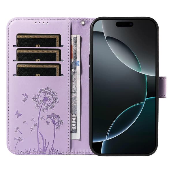 Läderfodral med plånbok för iPhone 16 Pro Max, telefonfodral med maskrosavtryck