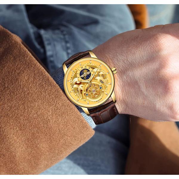 Automatisk herrklocka med månfas, skelettvisning, läderarmband och vattentät analog visning