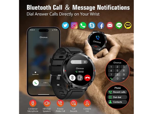 Militär Smartklocka Bluetooth Samtal med 600 Mah Svart