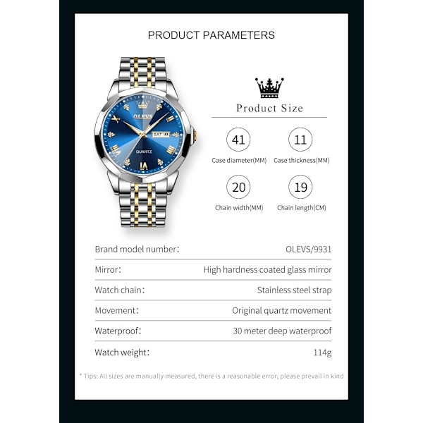 Klocka för män Diamant business dress Analog kvarts rostfritt stål vattentät självlysande datum tvåfärgad lyxig vardagsklocka
