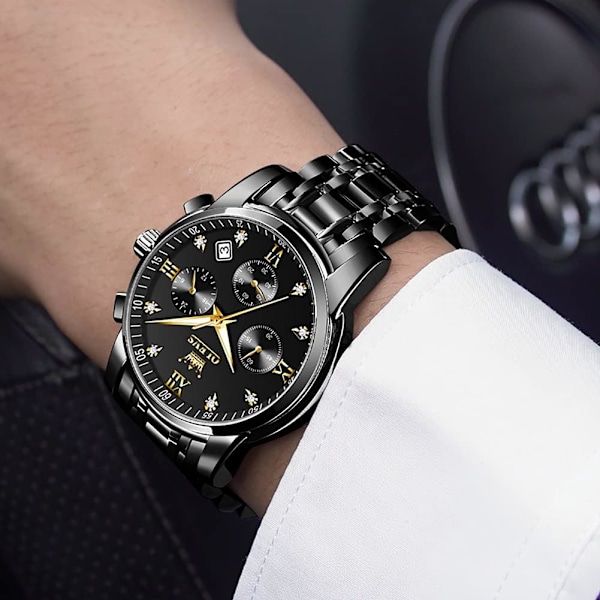 herrklockor lyx business rostfritt stål Chronograph Moon Phase vattentät datum analog kvartsklockor för män, silver/blå/svart/guld urtavla