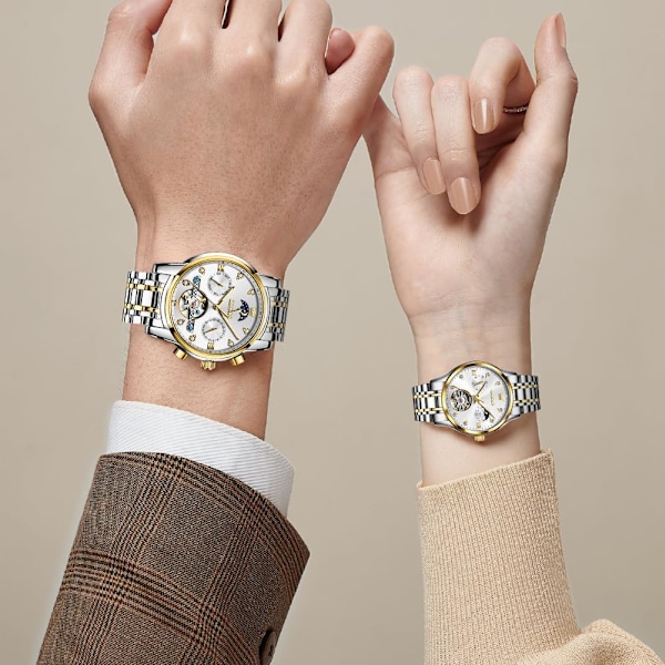 Par klockor för män och kvinnor automatisk hans och hennes set mekanisk dragton rostfritt stål vattentät lysande datum armbandsur