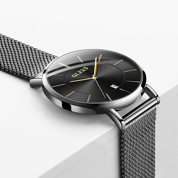 Mesh-klockor för kvinnor med datum, analog quartz, damklocka, klassisk klänningsklocka, vattentät (Blå/Svart/Vit urtavla)