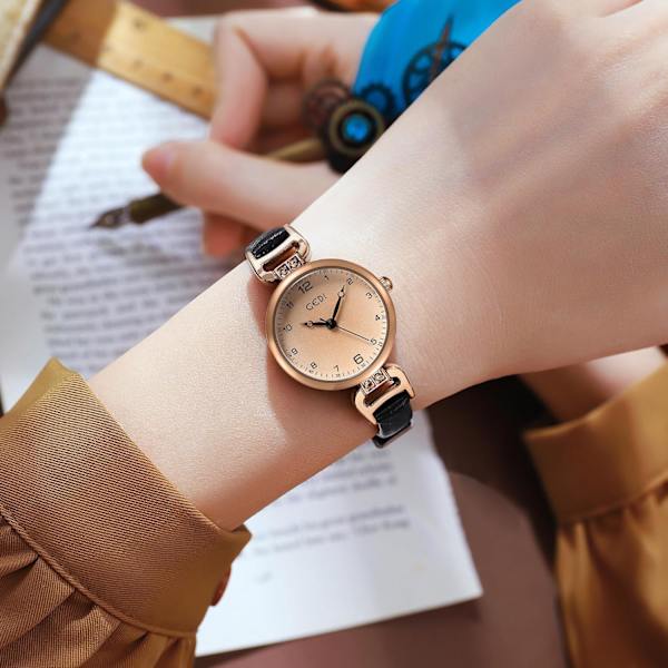 Retro Damkvartsklocka Stilren Rund Casual Klänning Damklocka med Läderarmband Analog Kvarts Kvinnlig Liten Urtavla Armbandsur