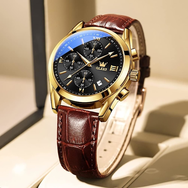 Herrklocka med kronograf, modernt läderarmband analog kvartsklocka för män (blå/vit/svart/guld urtavla)