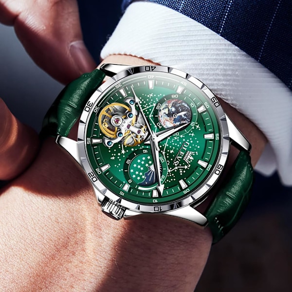 Herrklockor i läder, automatisk mekanisk skelett Tourbillon Diamant Lyx självuppdragande armbandsur Månfas vattentät självlysande
