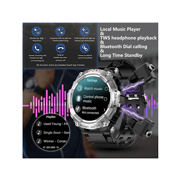 Smartklocka med hörlurar för Ios- och Android-telefoner 1,52 tums rund pekskärm Fitness Tracker Svara/F