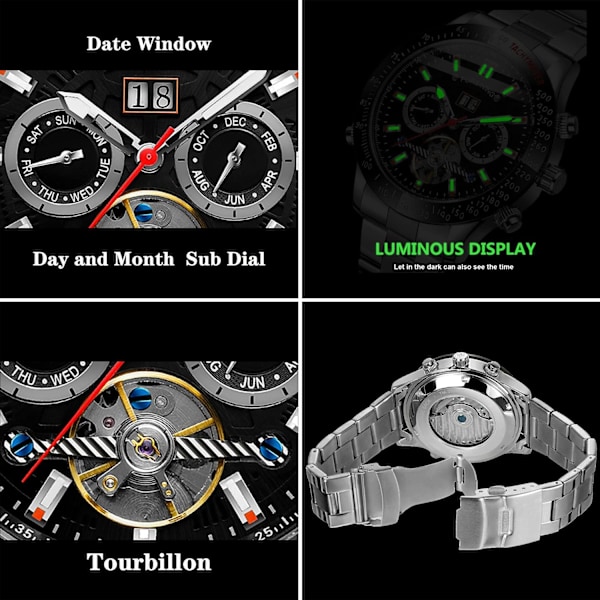 Tourbillon Automatisk Mekanisk Självuppdragande Lyx Rostfritt Stål 44mm Stor Urtavla Herrklocka med Underskiva