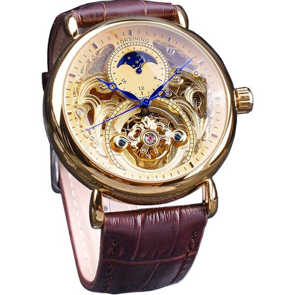 Lyxig herrklocka med månfas & Tourbillon, Retro Skelett Hollow Självuppdragande Mekanisk Armbandsur, Läderrem Automatisk Rörelse Herrklockor