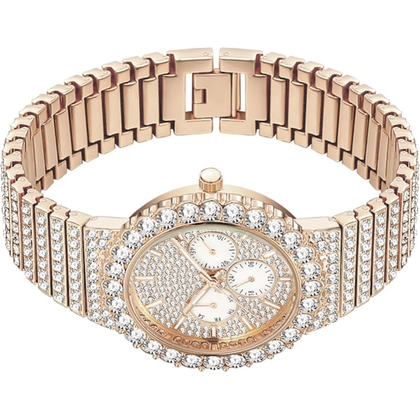 Hip Hop Herrklocka Bling Lyxig Stil Full Diamant Rostfritt Stål Datum Vecka Quartz Analog Display Vattentät Herrarmbandsur