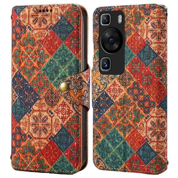 Blommönstrat läderfodral med plånboksstativ för Huawei P60/P60 Pro