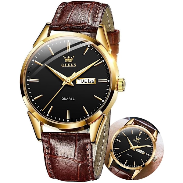 Herrklocka läder analog kvarts herrklocka klänning veckodatum business klassisk lysande läderrem 3ATM vattentät armbandsur älskare