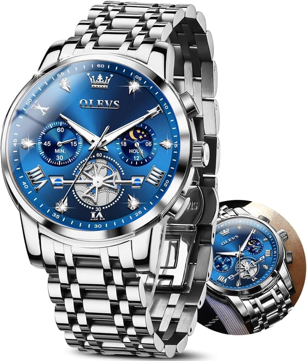 Herre Chronograph Rustfritt Stål Stor Skive Vanntett Klokke (Blå Rem)