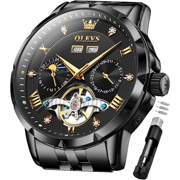 Automatisk herrklocka skelett mekanisk klassisk lyxig affärs diamant rostfritt stål vattentät lysande datum kalender armbandsur för män