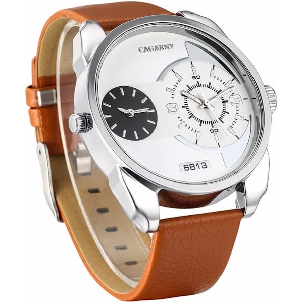 Minimalistisk herrklocka analog dubbel tid med läderarmband herrklocka