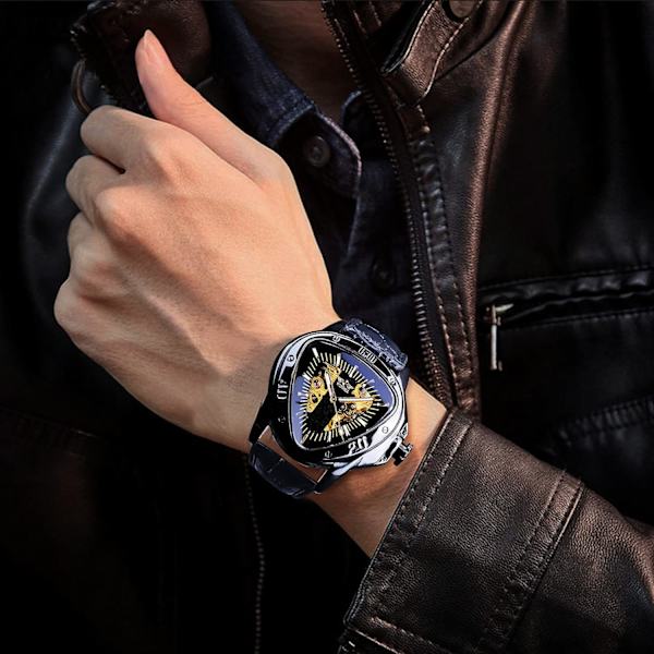 Winner Fashion Mekanisk Armbandsur Triangel Racing Urtavla, Vattentät Gyllene Skeletturtavla Automatisk Rörelse Läderdesign Mekanisk Klocka