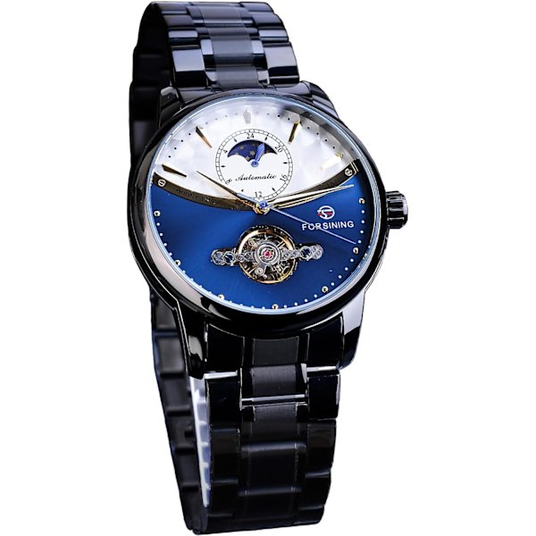 Herrklocka med månfas Tourbillon, lyxig självuppdragande mekanisk automatisk vattentät retroklocka, armband i rostfritt stål