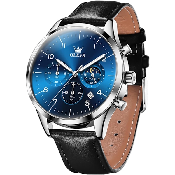 herrklockor svart läder analog kvarts kronograf lyx mode affärer lysande vattentät månfas datum armbandsur