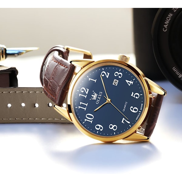 Herrklocka läder analog kvarts herrklocka klänning veckodatum business klassisk lysande läderrem 3ATM vattentät armbandsur älskare