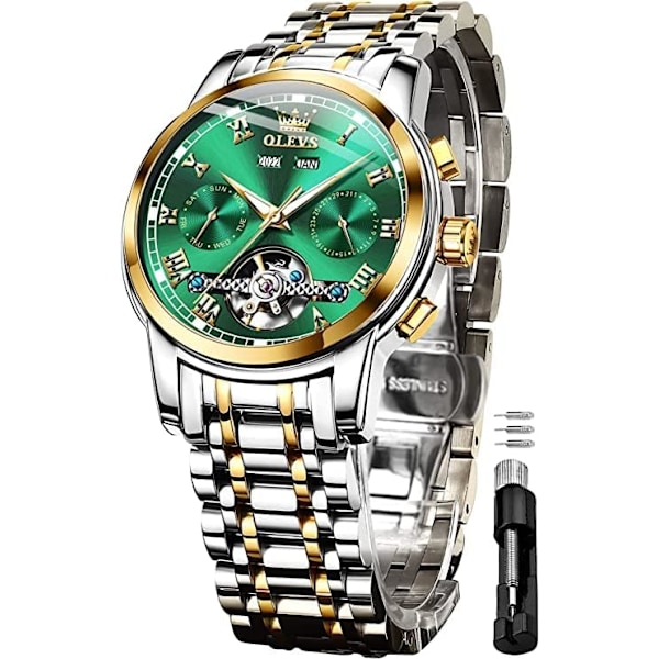 Automatiska mekaniska herrklockor med självuppdragning, Tourbillon, rostfritt stål, dubbel kalender, vattentät, självlysande armbandsur