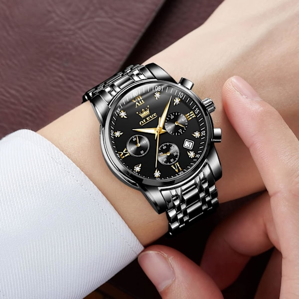 herrklockor lyx business rostfritt stål Chronograph Moon Phase vattentät datum analog kvartsklockor för män, silver/blå/svart/guld urtavla