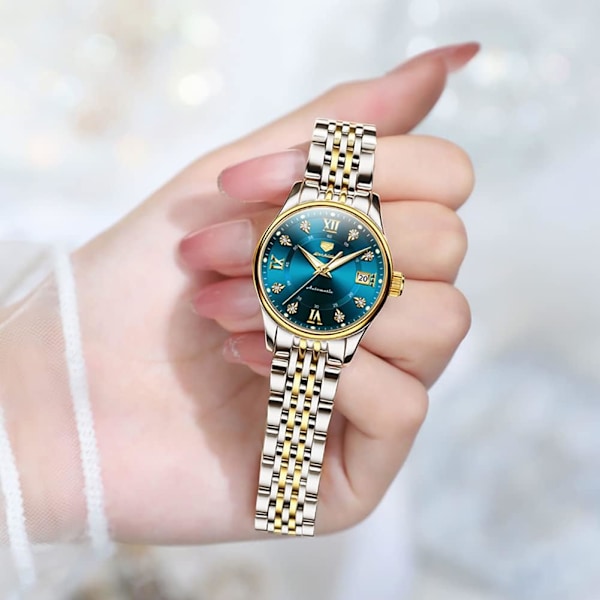 Automatisk damklocka lyx diamant självuppdragande armbandsur månfase rostfritt stål vattentät lysande blå urtavla…