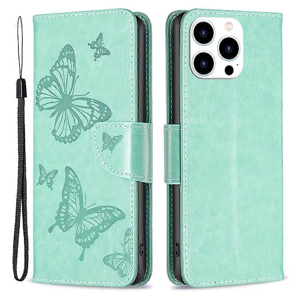 Plånboksfodral i läder med fjärilstryck för iPhone 16 Pro Max