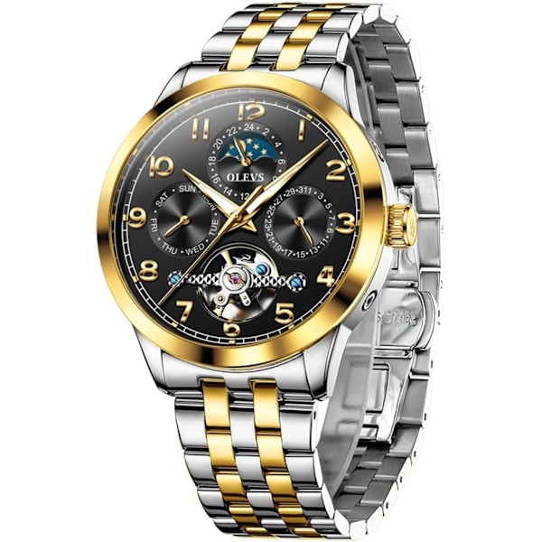 Automatisk herrklocka självuppdragande skelett mekanisk tourbillon klassisk lyx multi-kalender rostfritt stål vattentät armbandsur för män