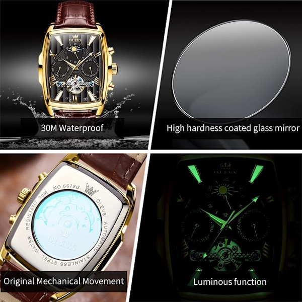 Automatiska herrklockor skelett retro rektangulär Tonneau affärs kostym läderarmbandsur månfas självlysande vattentålig