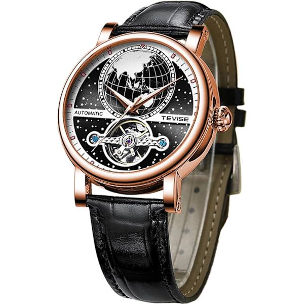 Herr Tourbillon Klocka Mekanisk Självuppdragande Klockor Lyxig Stjärnklar Jorddesign Läderarmband Blå Svart Självlysande Stor Urtavla Automatisk Armbandsur
