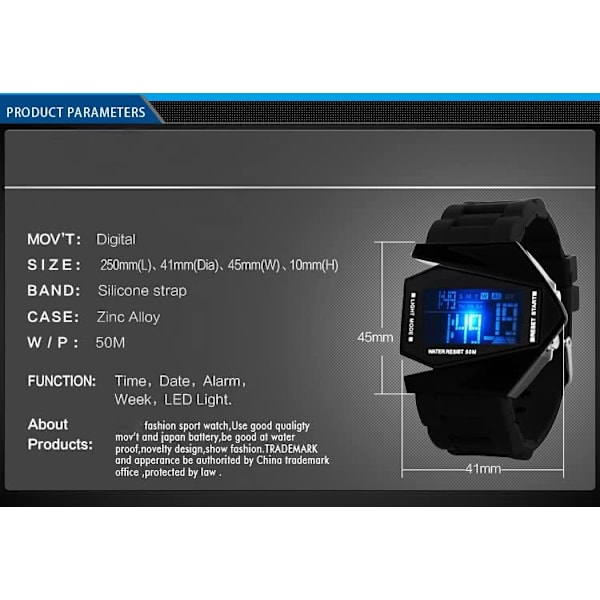 Kreativ LED-klocka för män, flygplansform, multifunktionell klocka för män, datum, silikonarmband, vattentät, avslappnad unisexarmbandsur