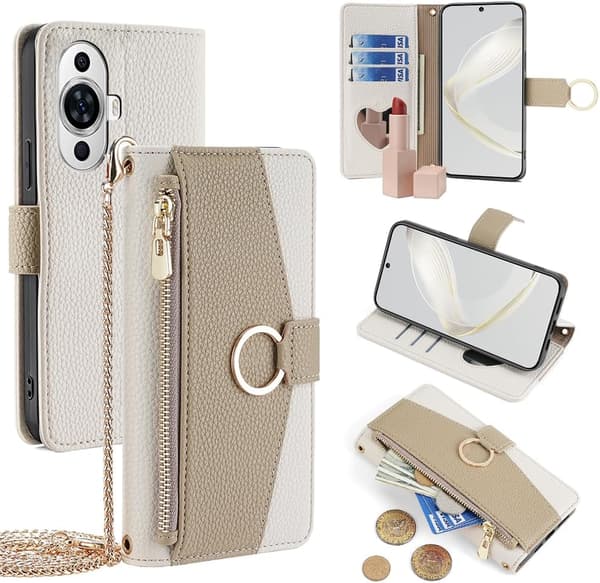 Wallet Case - Nova 12 lite/Active/11 - PU Leather - Støtsikker - Skulderstropp White Nova 12 lite/nova 12 Active/NOVA 11