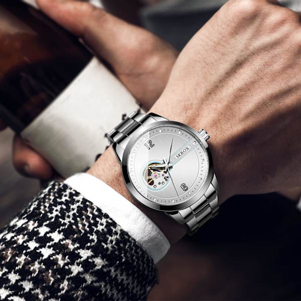 Mekaniska Tourbillonklockor för män, automatisk klocka med självuppdrag och armband i rostfritt stål