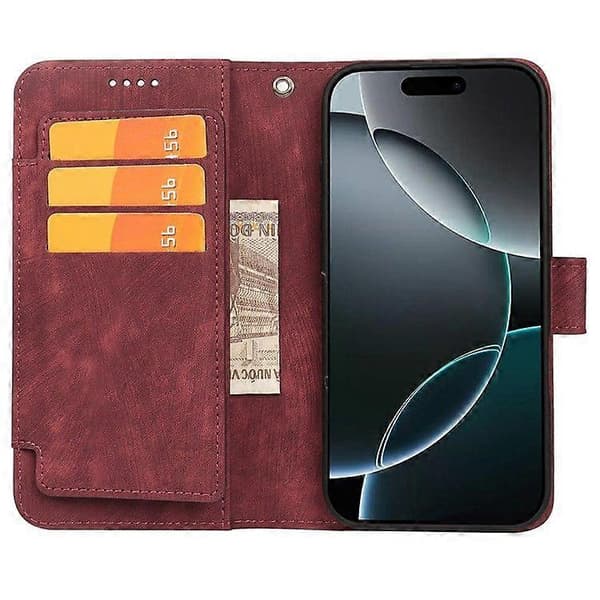 Til iPhone 16 Pro Max Linjemønster Læder Etui 9 Kort Slots Pung Cover